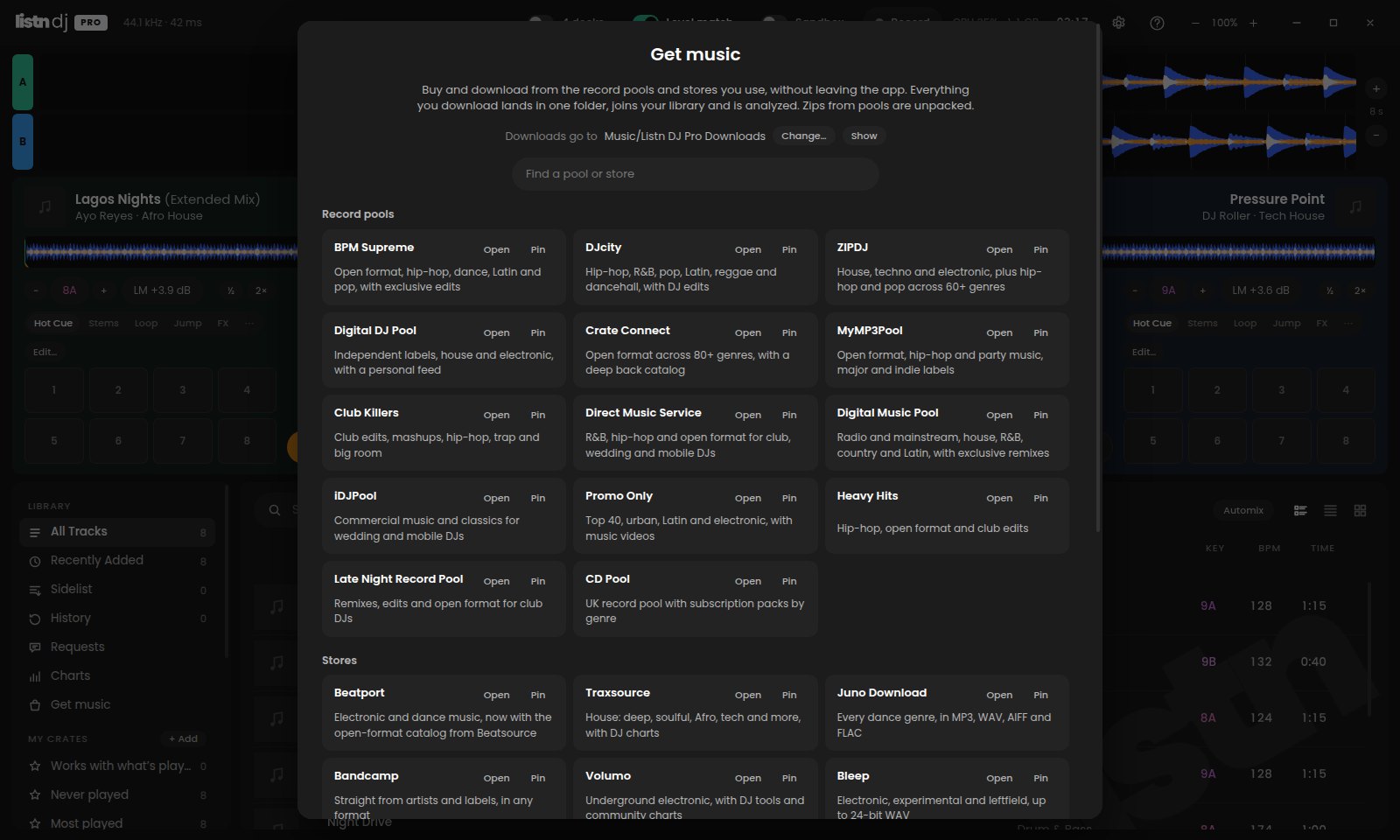 Your record pools and stores, inside the app.